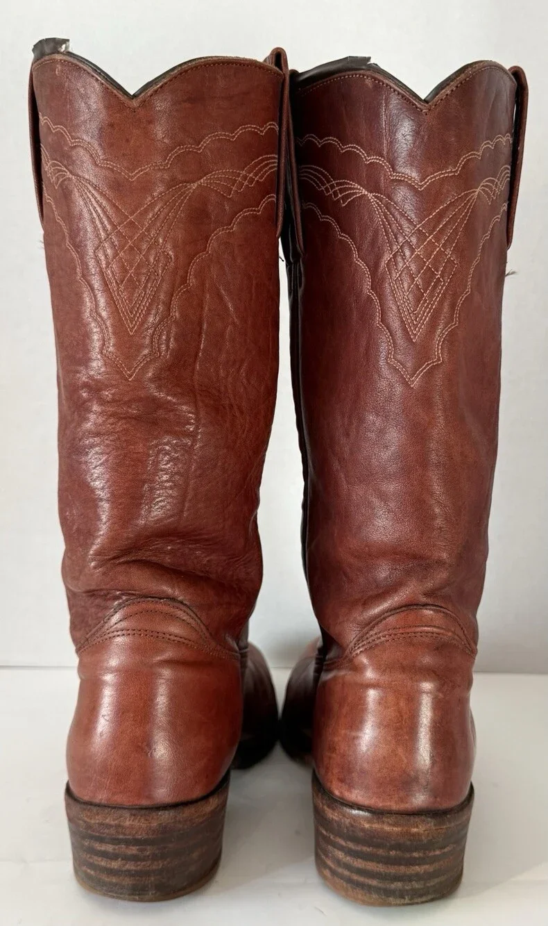 Vtg Frye Leather Cowboy Boots 3029 Brown Western Stitched USA 80s Sz 8.5 EE Wide